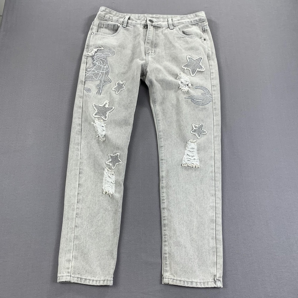 Jeans Womens 34x30 Gray‎ Distressed Embroidered Stars Moon Patchwork Y2K Hip Hop